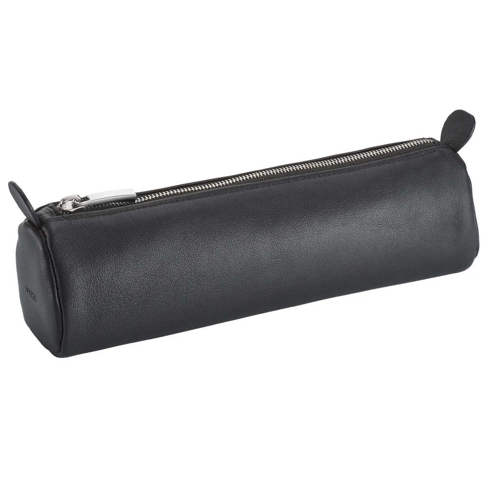 Black cylindrical pencil case with a zipper on a white background