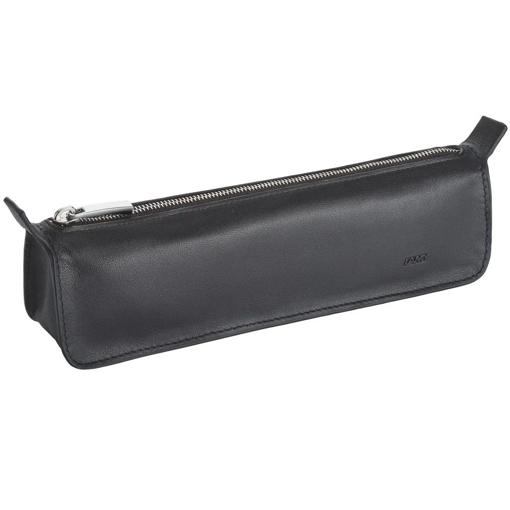 Black leather pencil case with zipper on a white background