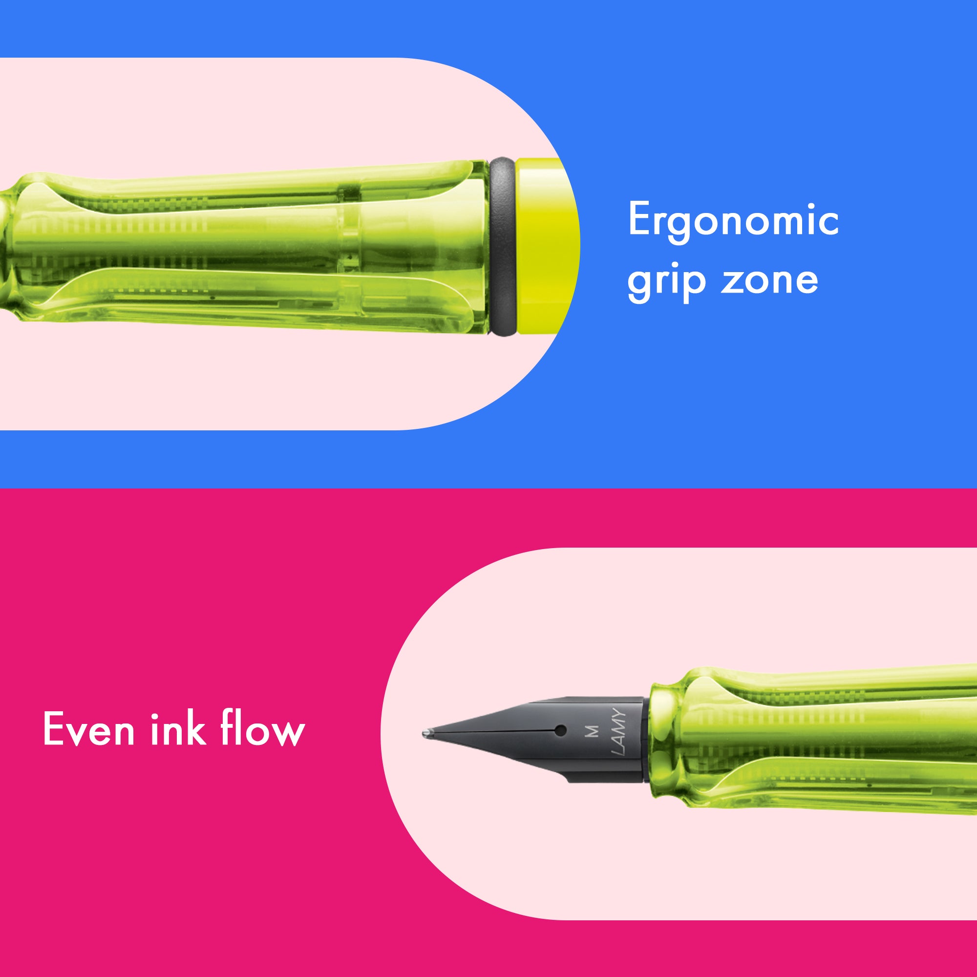 Green pen with ergonomic grip zone and even ink flow features on a colorful background