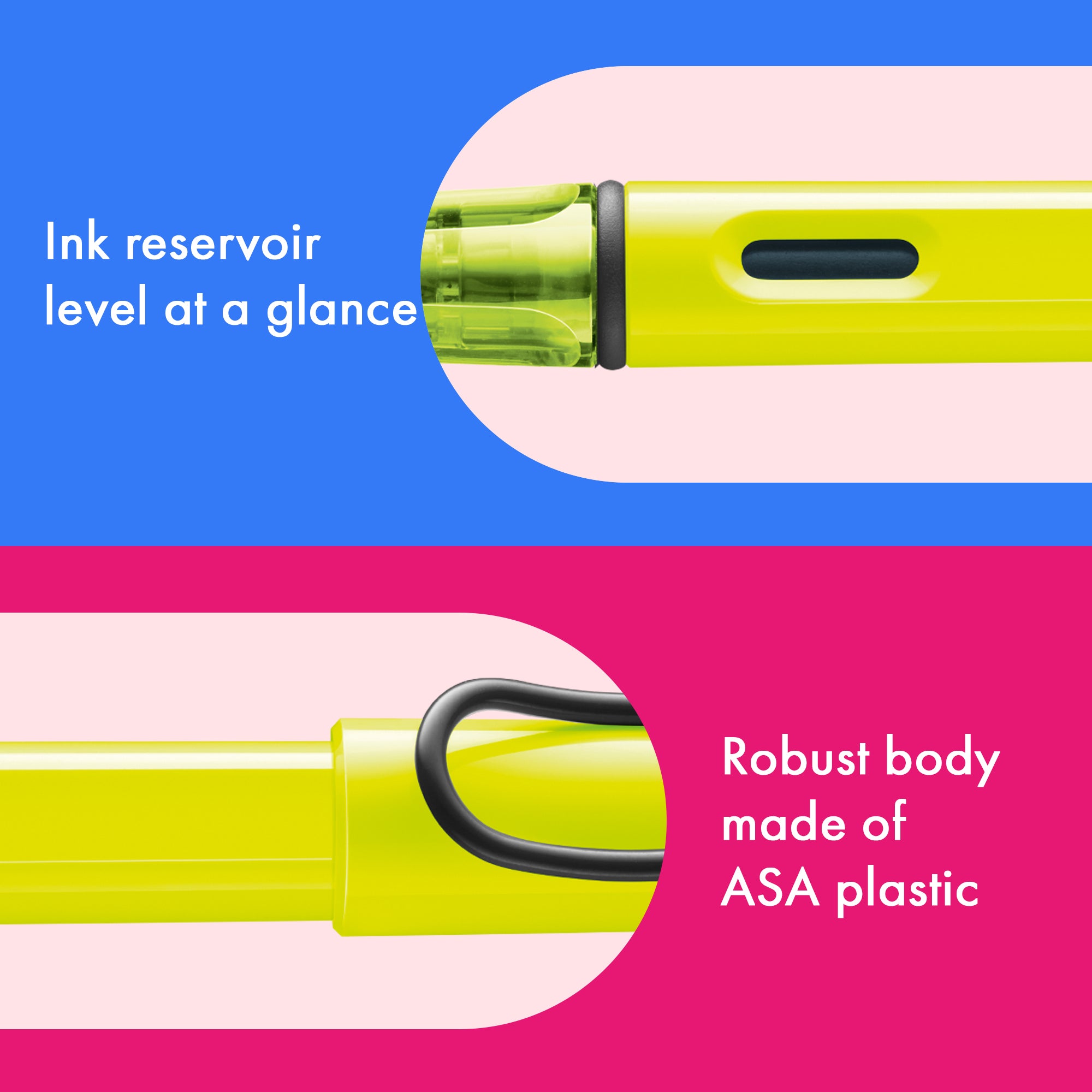 Yellow pen with ink reservoir and ASA plastic body on a blue and pink background