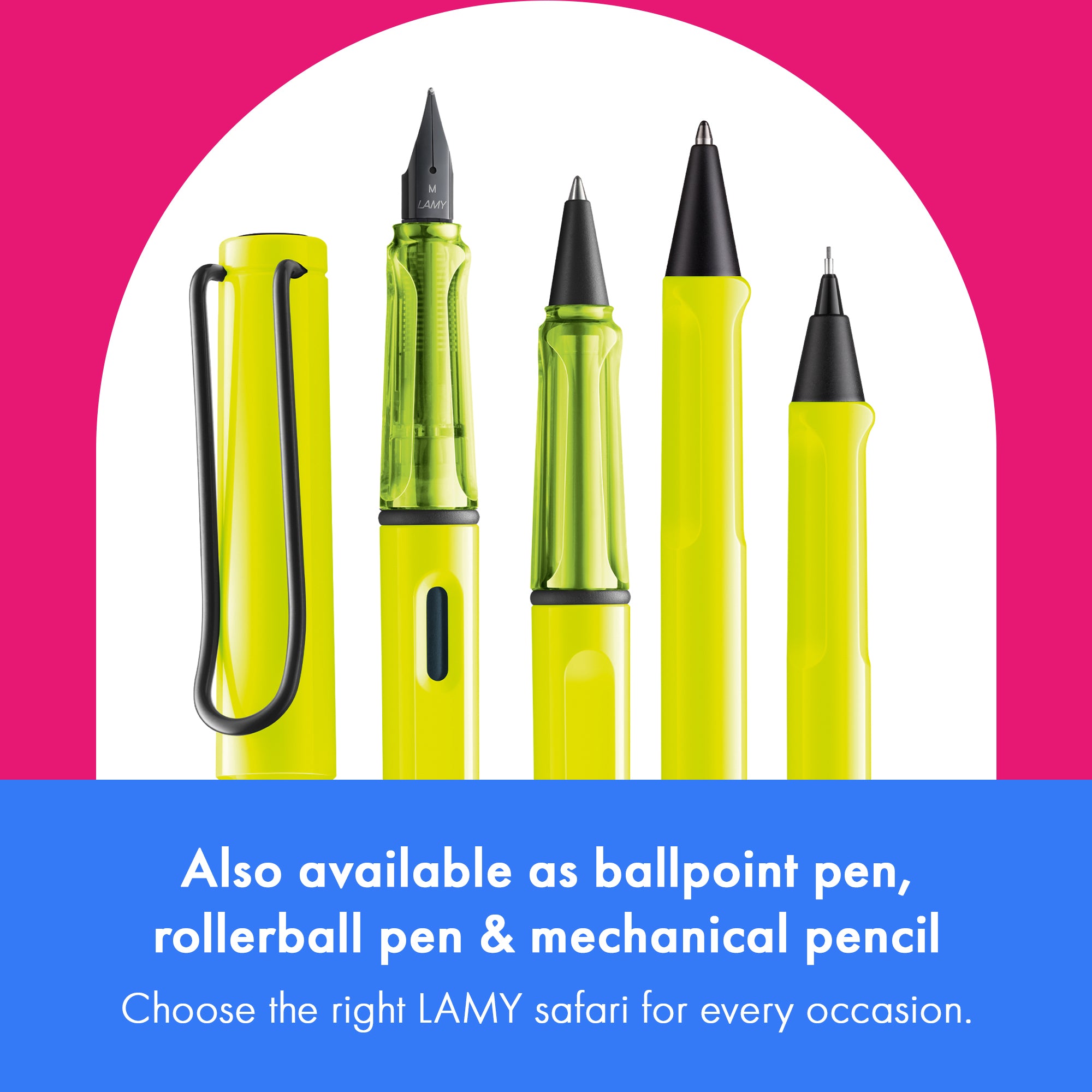 Set of yellow pens with black accents on a pink and blue background
