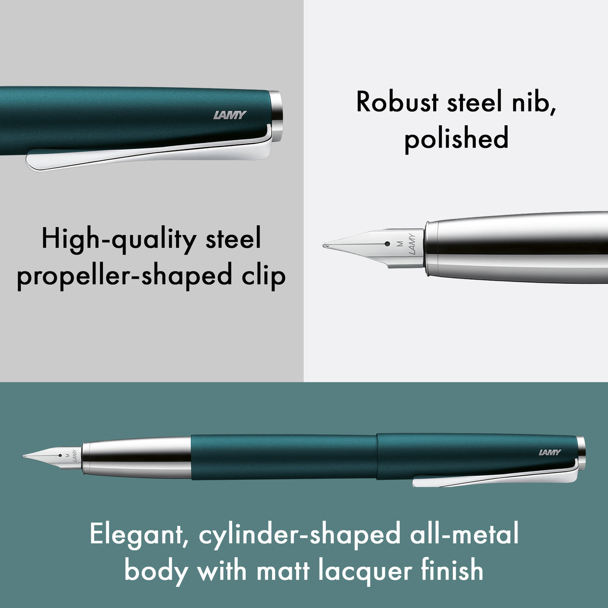 Lamy fountain pen shown in a composite product graphic with close-up views of the clip, nib, and full barrel. Text highlights a polished steel nib, high-quality propeller-shaped clip, elegant cylinder shape, and matte lacquer finish.