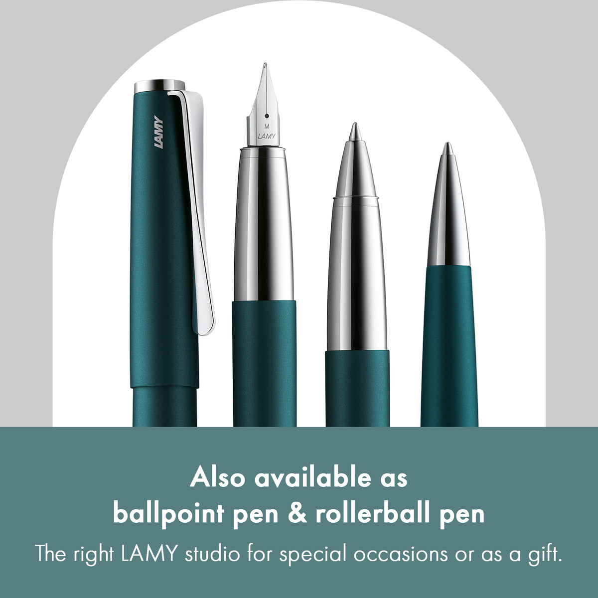 Four LAMY studio ballpoint pens in a dark teal and silver colorway, displayed against a white arch on a light gray background with a teal text banner at the bottom.