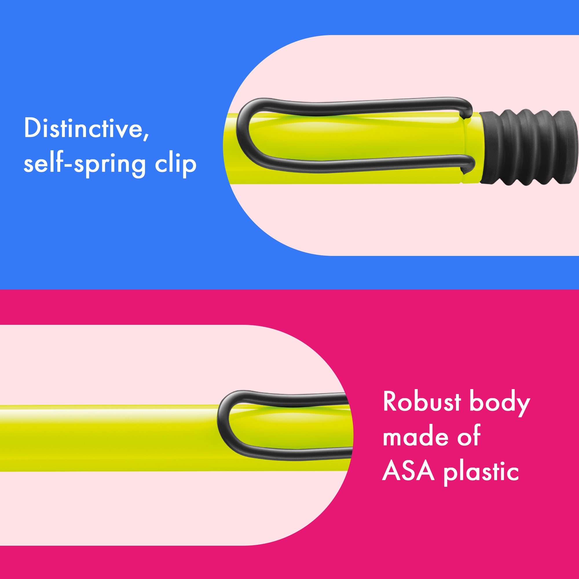 Close-up of a yellow clip with a black spring clip on a blue and pink background, highlighting its features.