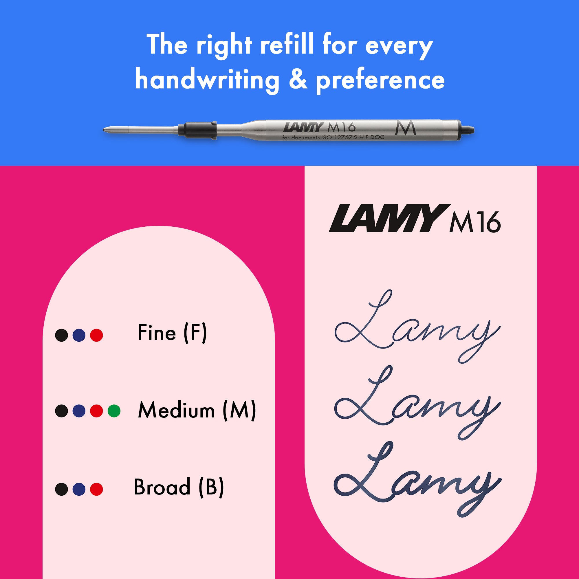 Lamy M16 pen with refill options and branding on a blue and pink background