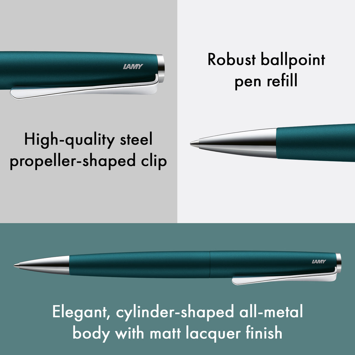A Lamy ballpoint pen refill shown in multiple close-up views on a split light gray and teal background, with text highlighting the propeller-shaped clip, ballpoint tip, and elegant all-metal body.