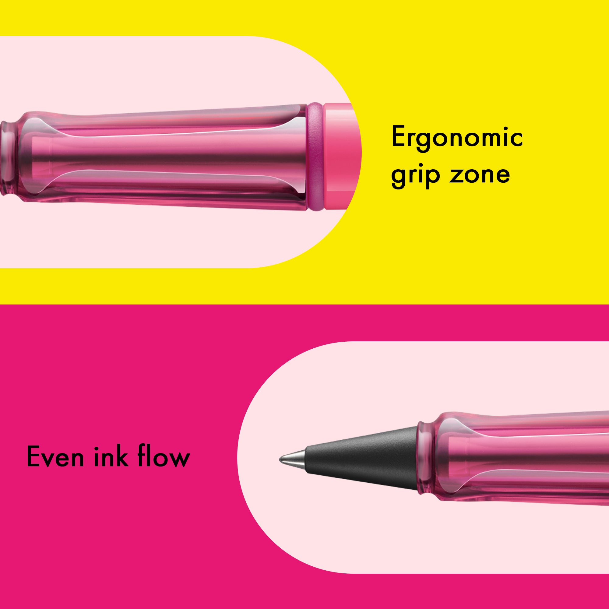Pink pen with ergonomic grip zone and even ink flow on a yellow and pink background