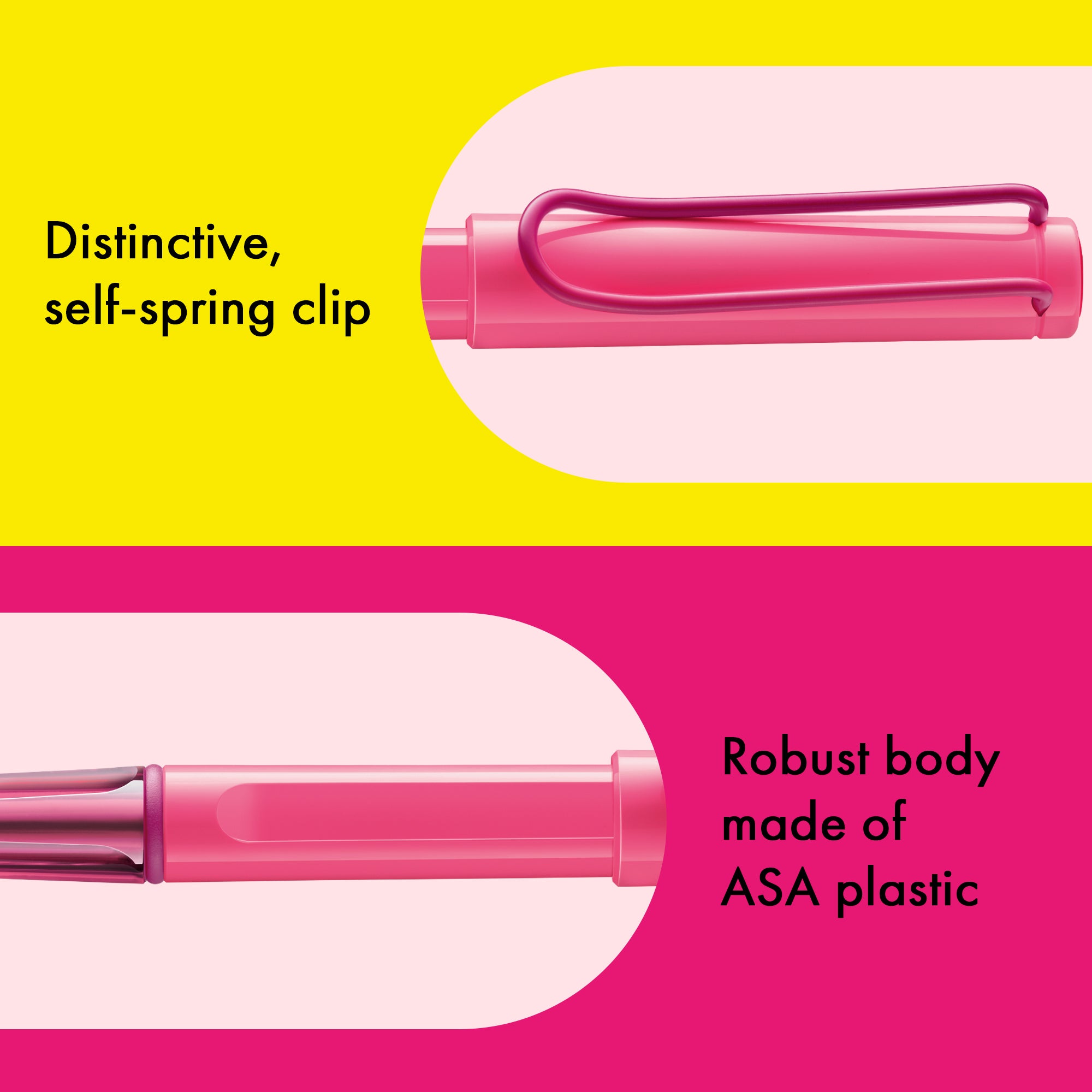 Pink pen with self-spring clip on a yellow and pink background