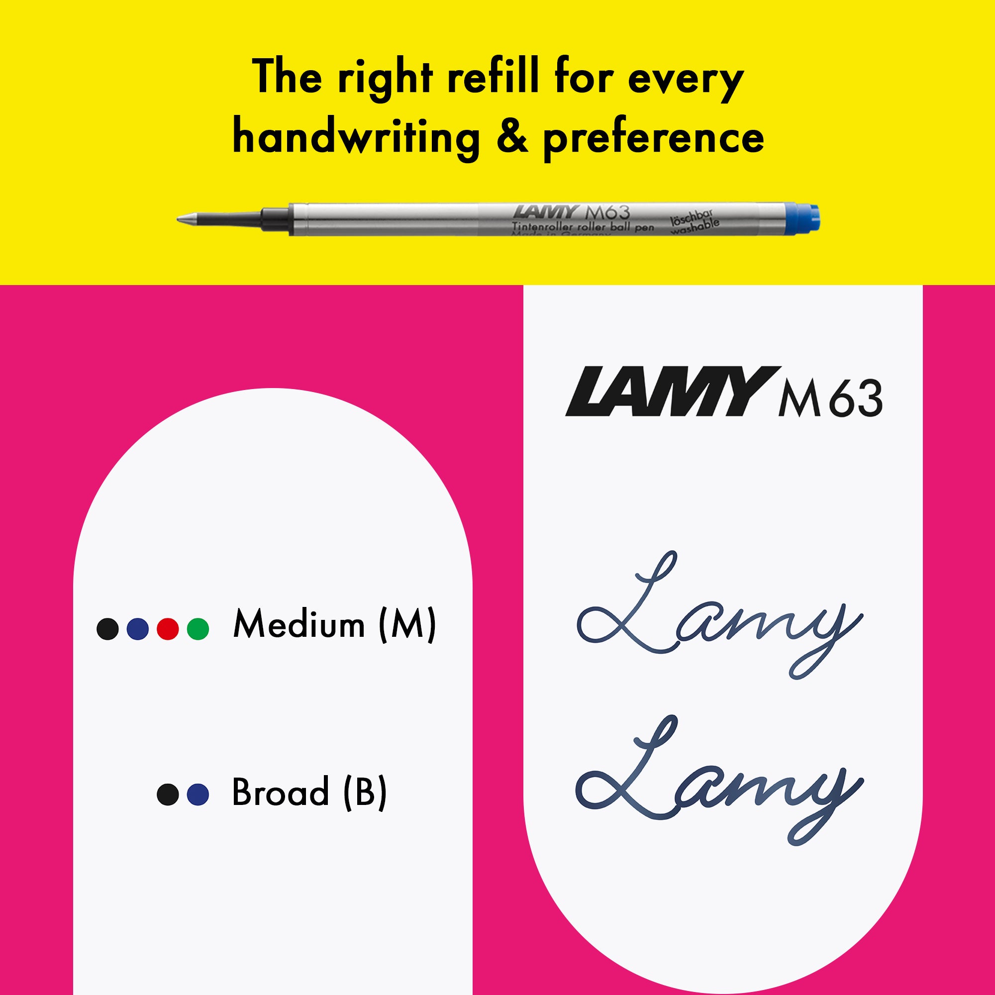 Lamy M63 pen refill with branding and text on a yellow and pink background