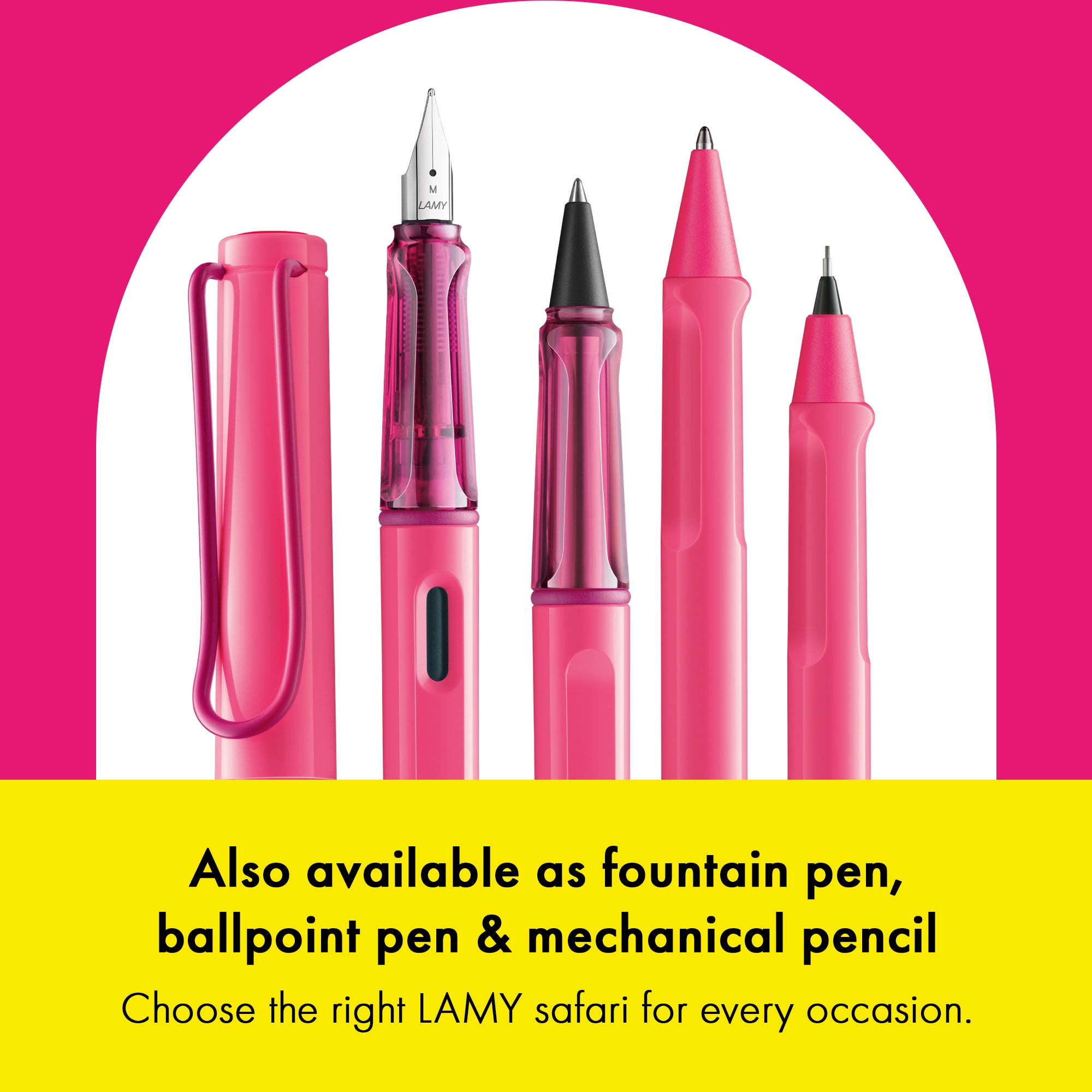 Set of pink pens including fountain, ballpoint, and mechanical pencil on a pink and yellow background.