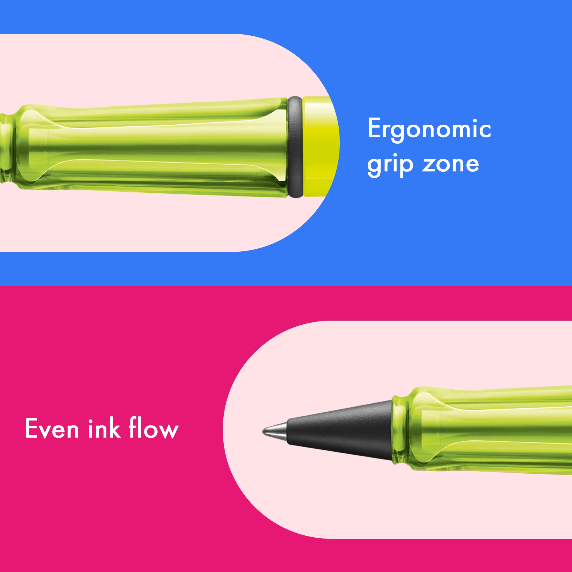 neon yellow pen with ergonomic grip zone and even ink flow features on a colorful background