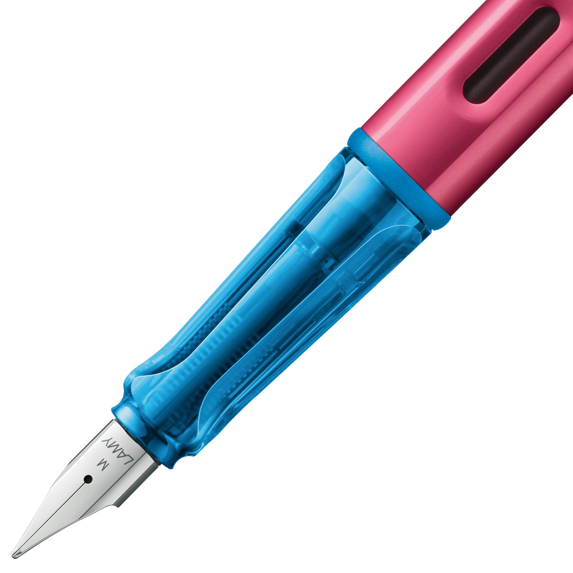 Blue and pink fountain pen on a white background