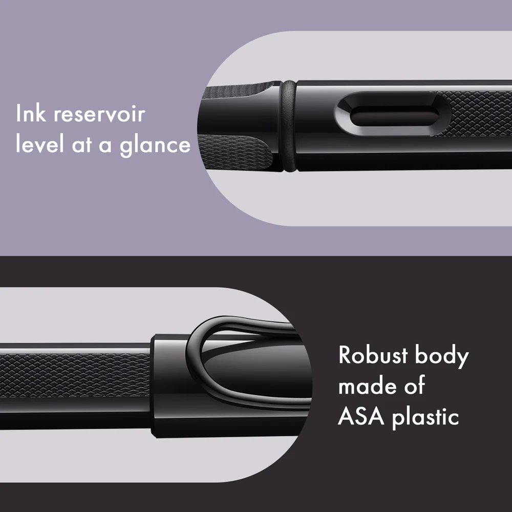 Close-up product feature graphic of a black pen or similar writing instrument, showing the ink reservoir level and a textured ASA plastic body, with text callouts on a split light purple and dark gray background.