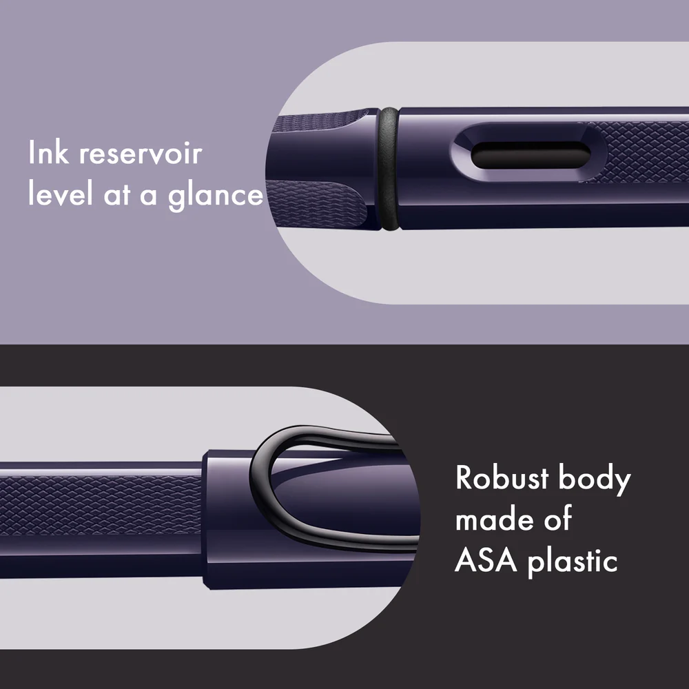 Close-up product feature graphic of a dark blue pen showing the ink reservoir level and a text callout noting the robust ASA plastic body.
