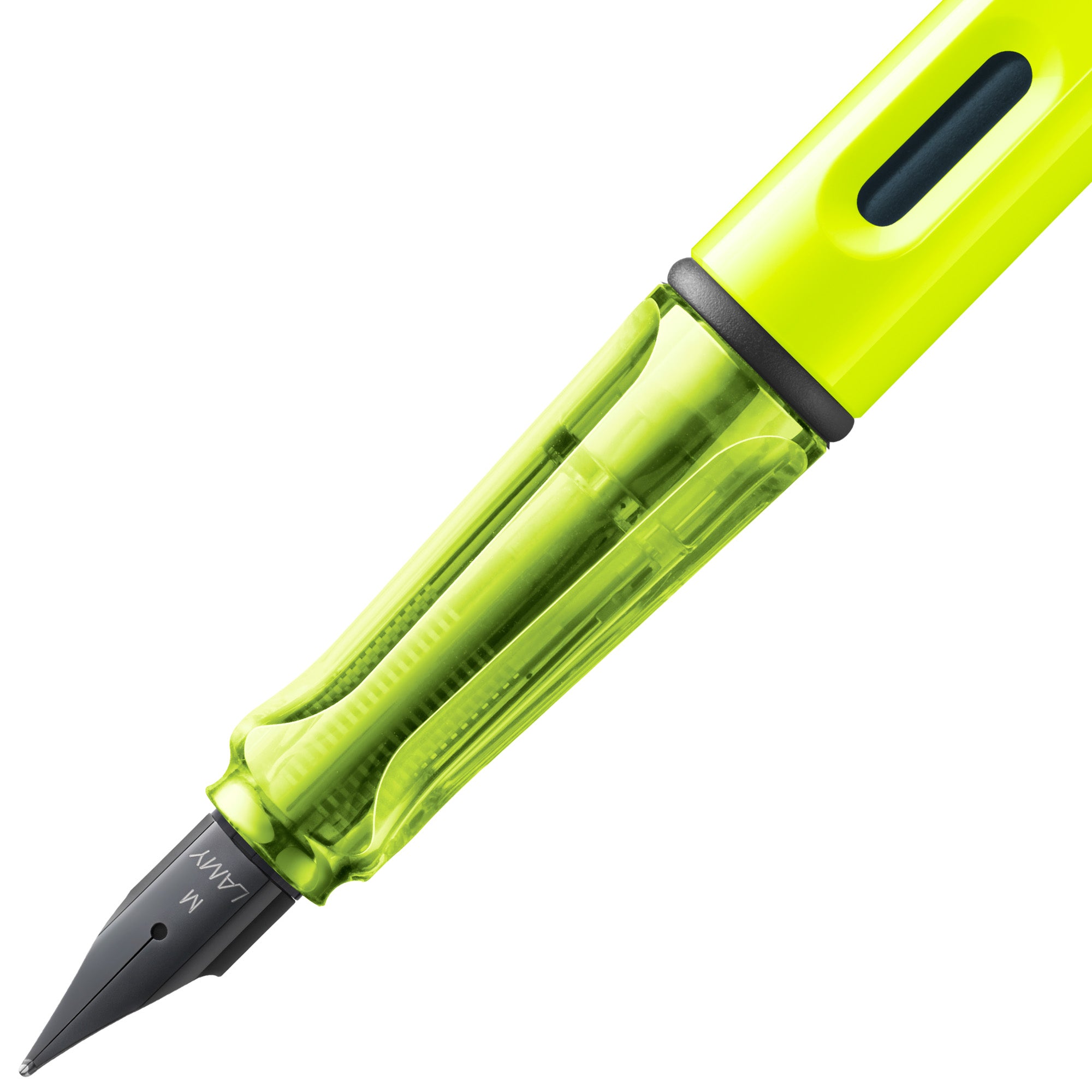close-up of lamy safari neon yellow fountain pen