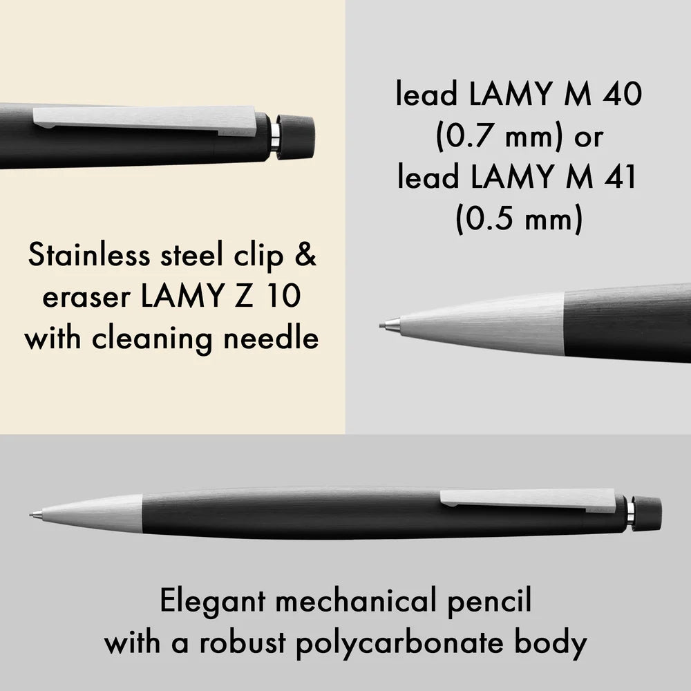 Mechanical pencil with features highlighted on a beige and gray background