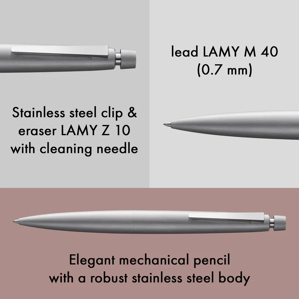 Mechanical pencil with components labeled on a gray and brown gradient background
