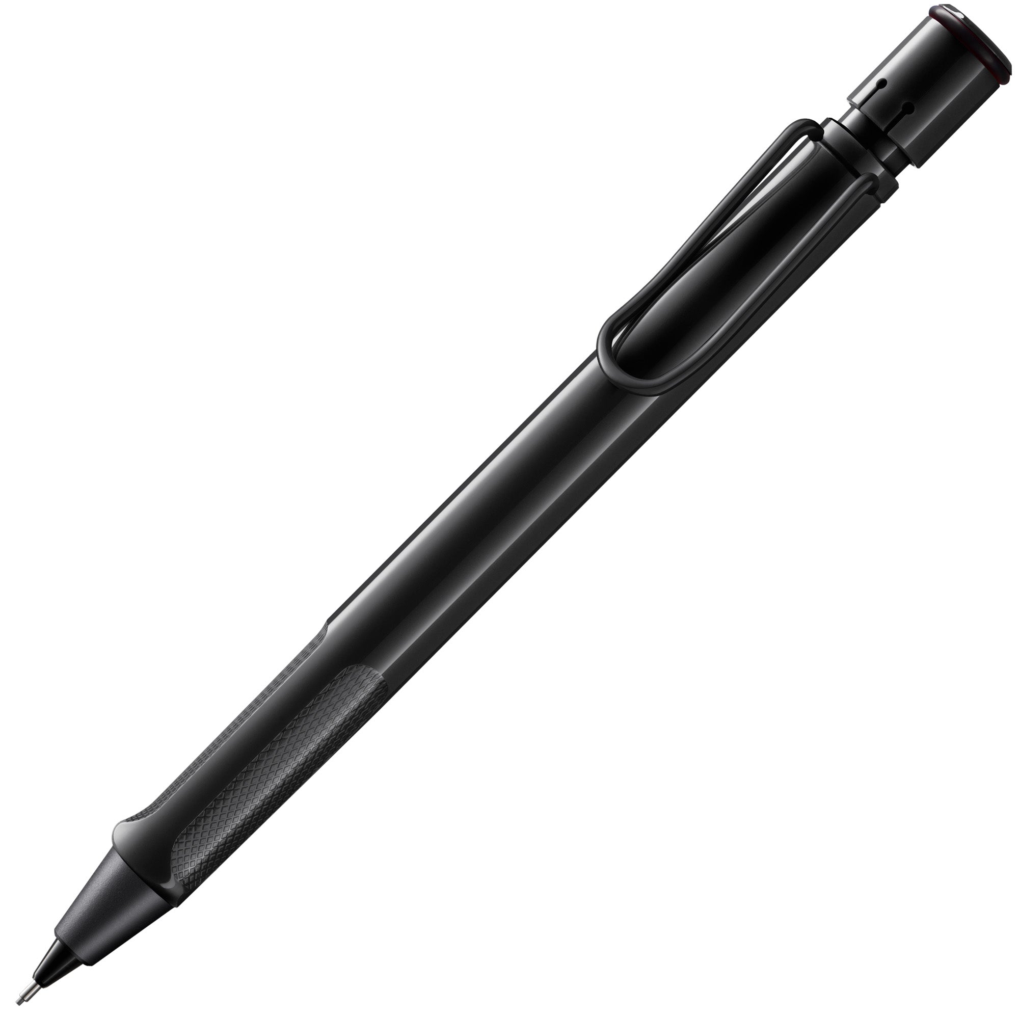 A sleek black mechanical pencil with a textured grip and a prominent pocket clip, shown diagonally on a solid white background.