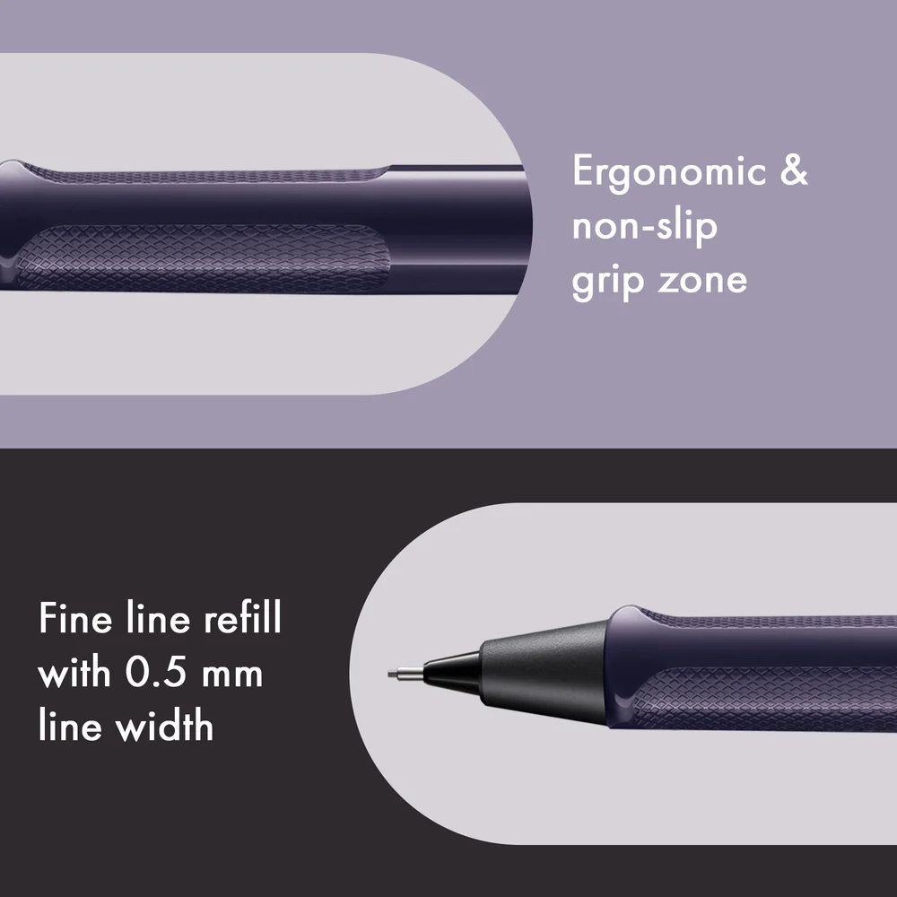 Close-up product feature graphic for a pen refill showing two circular inset views with text: 'Ergonomic & non-slip grip zone' and 'Fine line refill with 0.5 mm line width.