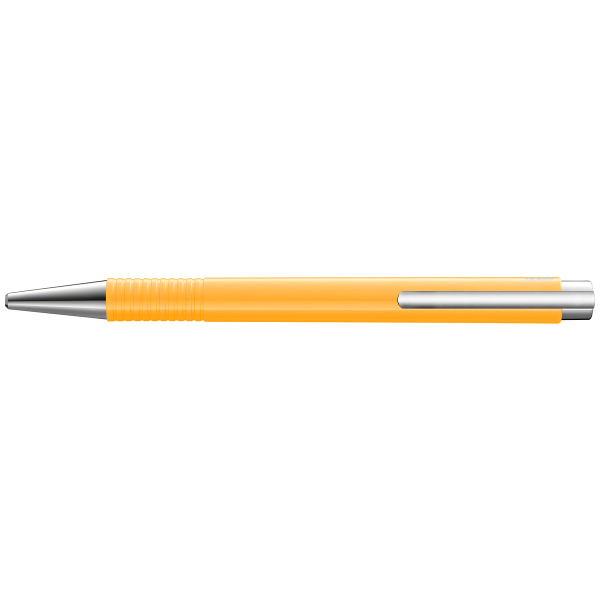 A retractable ballpoint pen with a bright orange body and silver metal accents, shown horizontally against a plain white background.