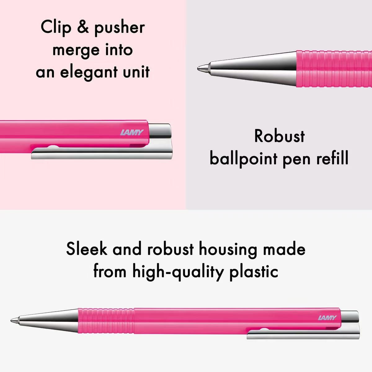 Pink LAMY ballpoint pen refill shown in a feature-focused composite layout with text callouts about clip and pusher merging into an elegant unit, robust ballpoint pen refill, and sleek high-quality plastic housing.