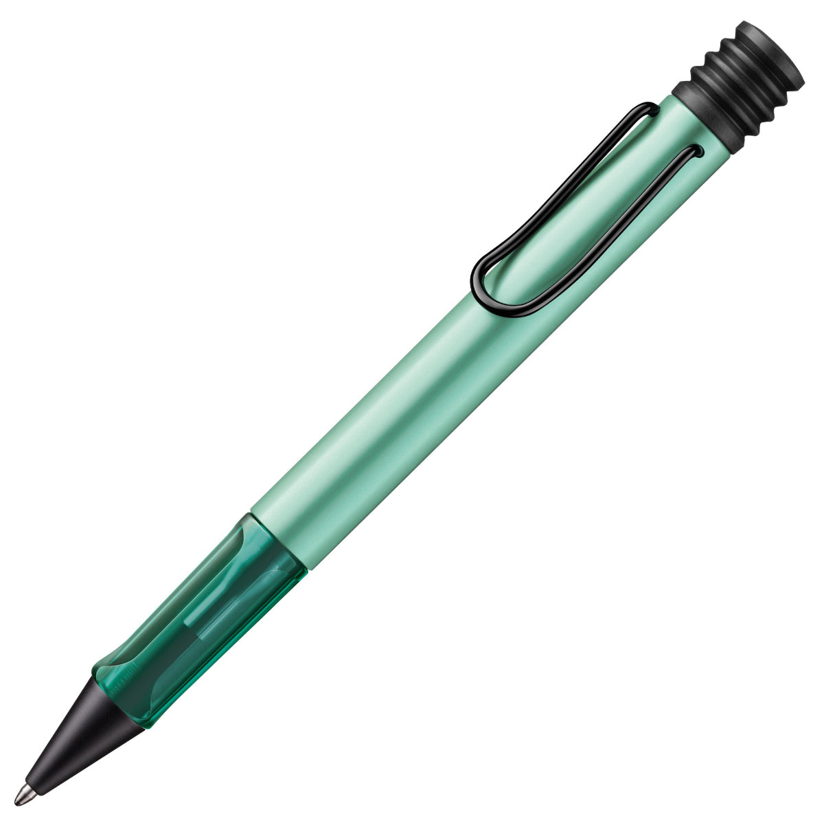 Two-tone pen with green and black design on a white background