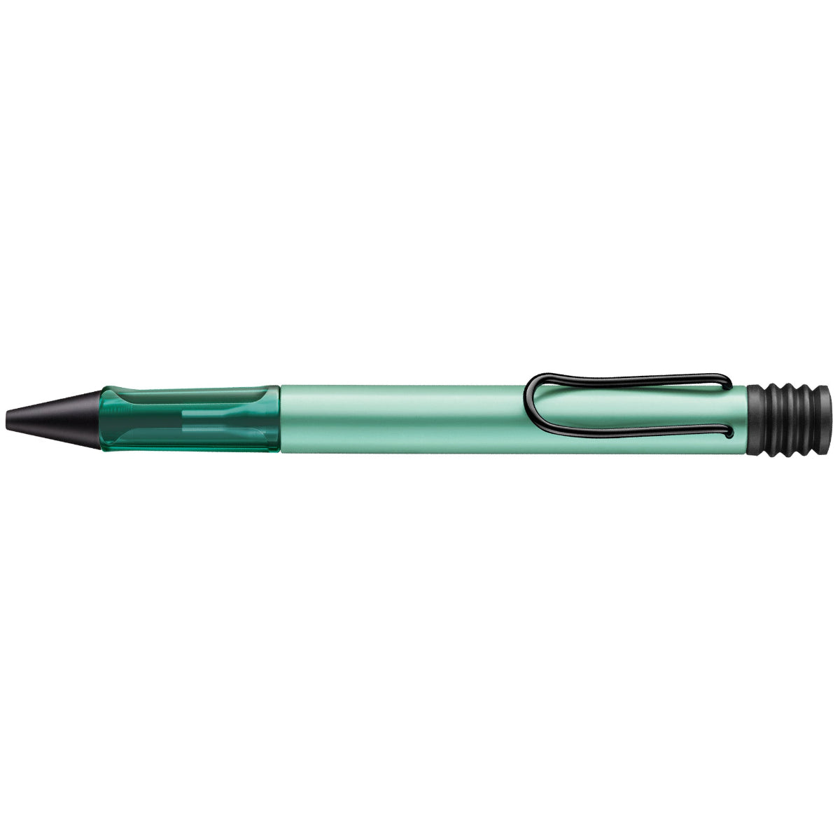 Green pen with black accents on a white background