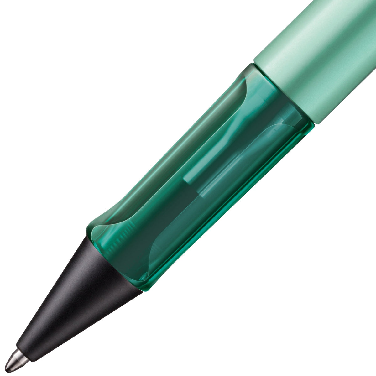 Green pen with a black clip on a white background