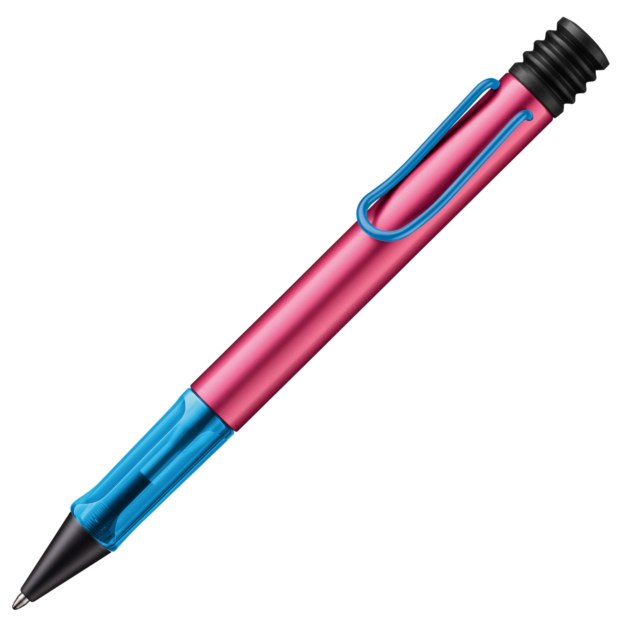 Pink and blue pen with black accents on a white background