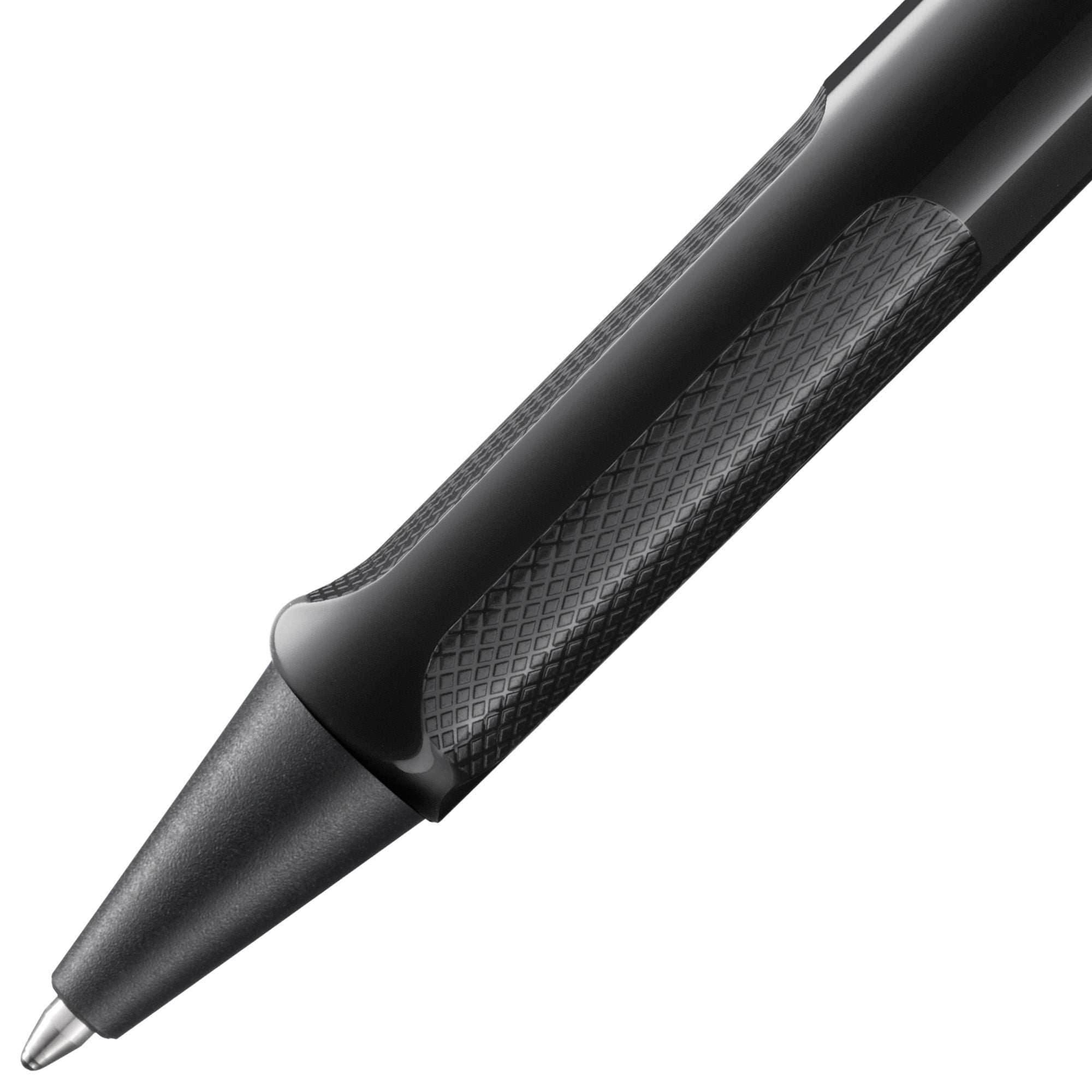 Black pen with textured grip on a white background