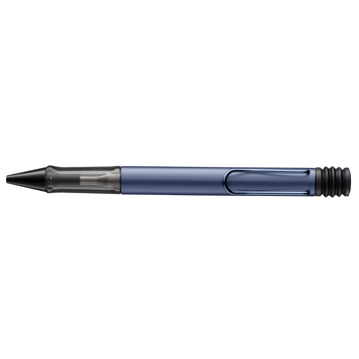A translucent blue retractable pen with a black tip and black textured end, shown horizontally against a plain white background.
