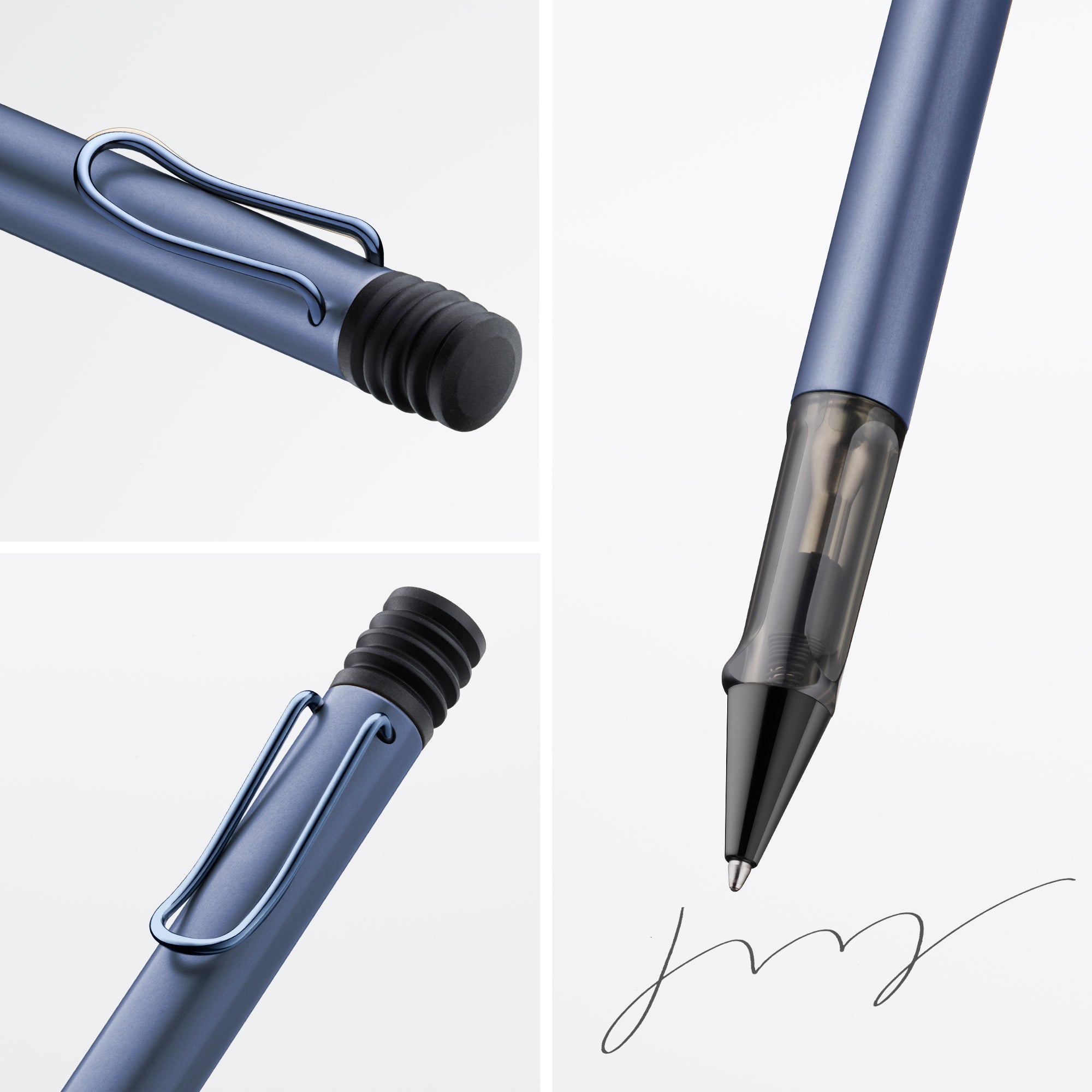 A close-up collage of a blue retractable pen showing the cap, clip, tip, and ink reservoir, with a signature sample on a light gray background.