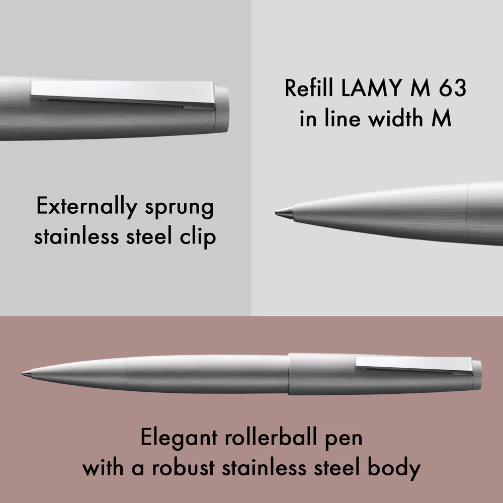 Elegant rollerball pen with stainless steel clip and body on a gray and pink gradient background.