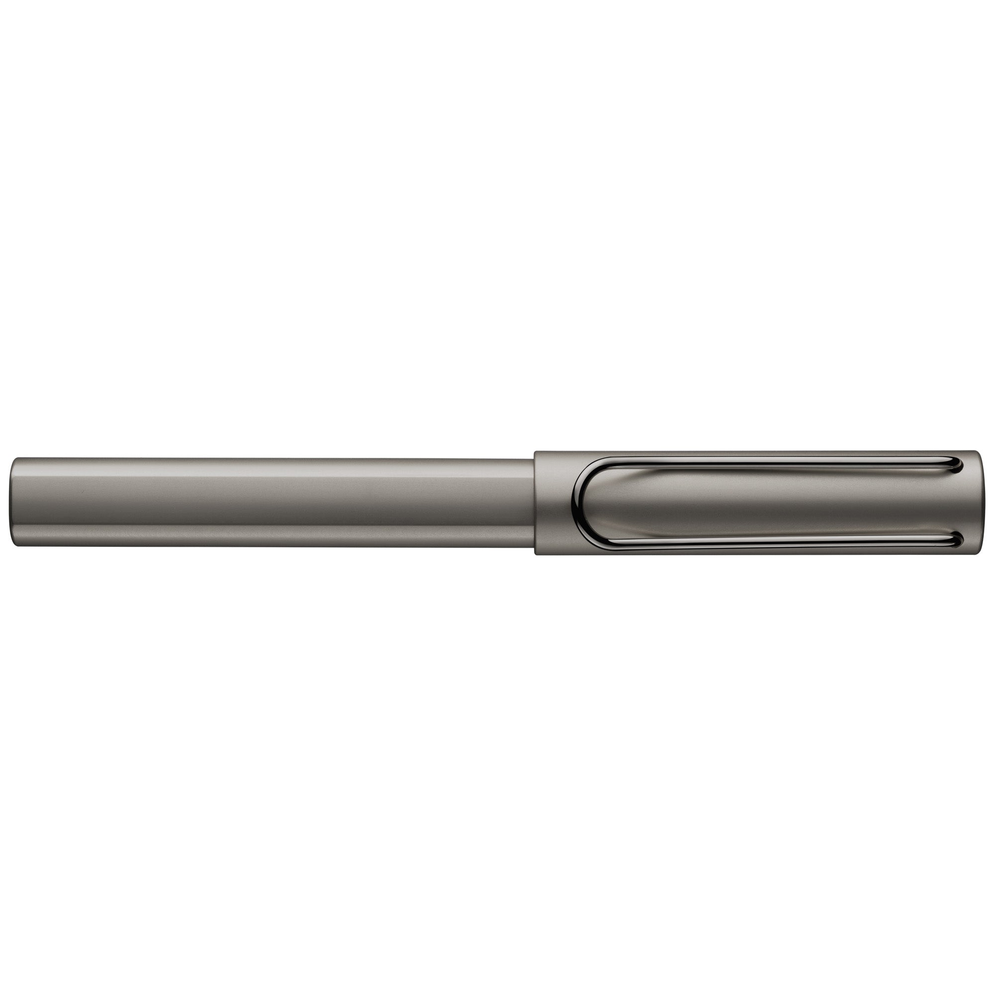 A ruthenium LAMY Lx rollerball pen with metal clip, anodised aluminium body, ergonomic grip, and a black refill.