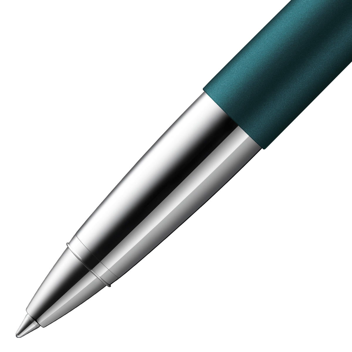 A close-up of a LAMY studio petrol rollerball pen