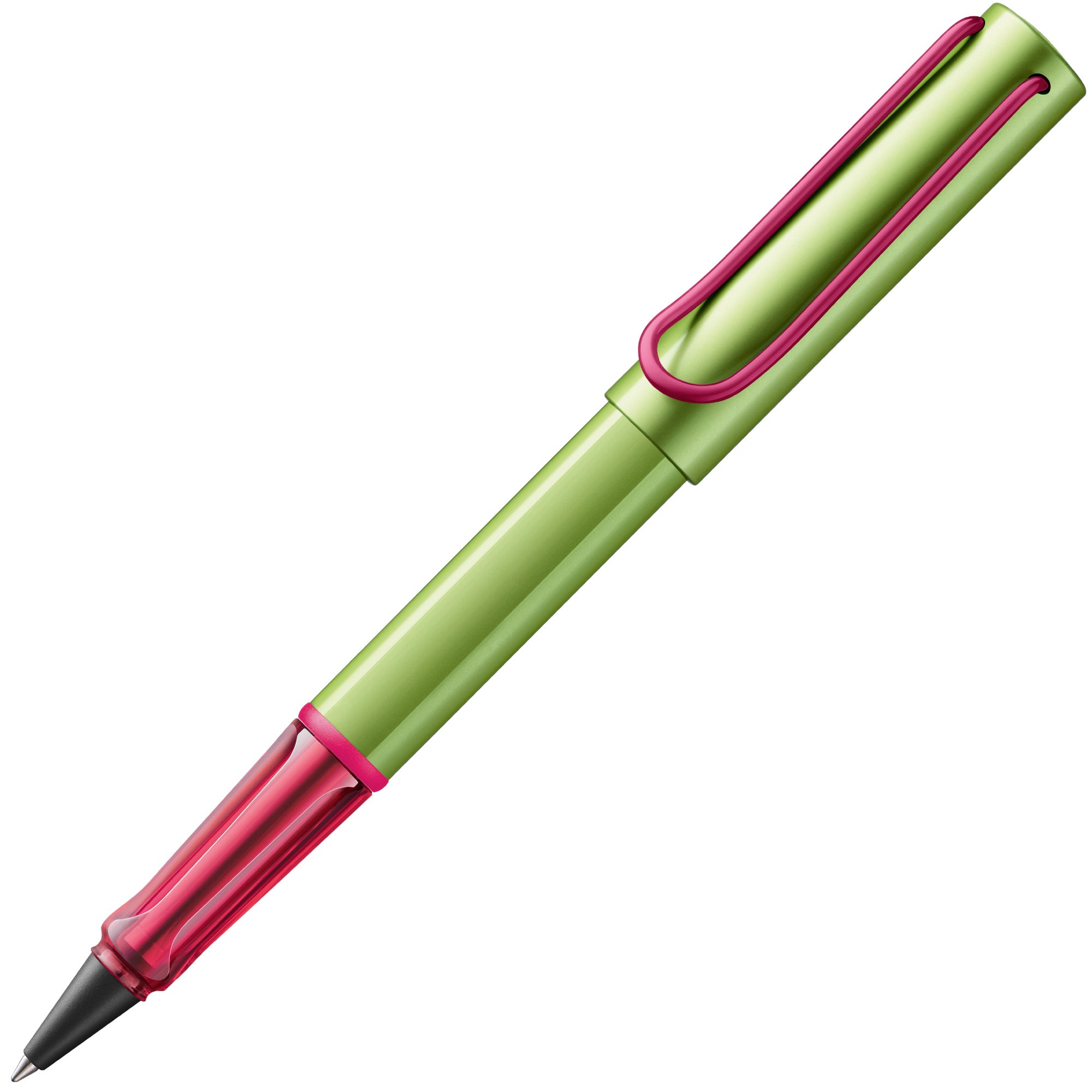 Green and pink pen on a white background