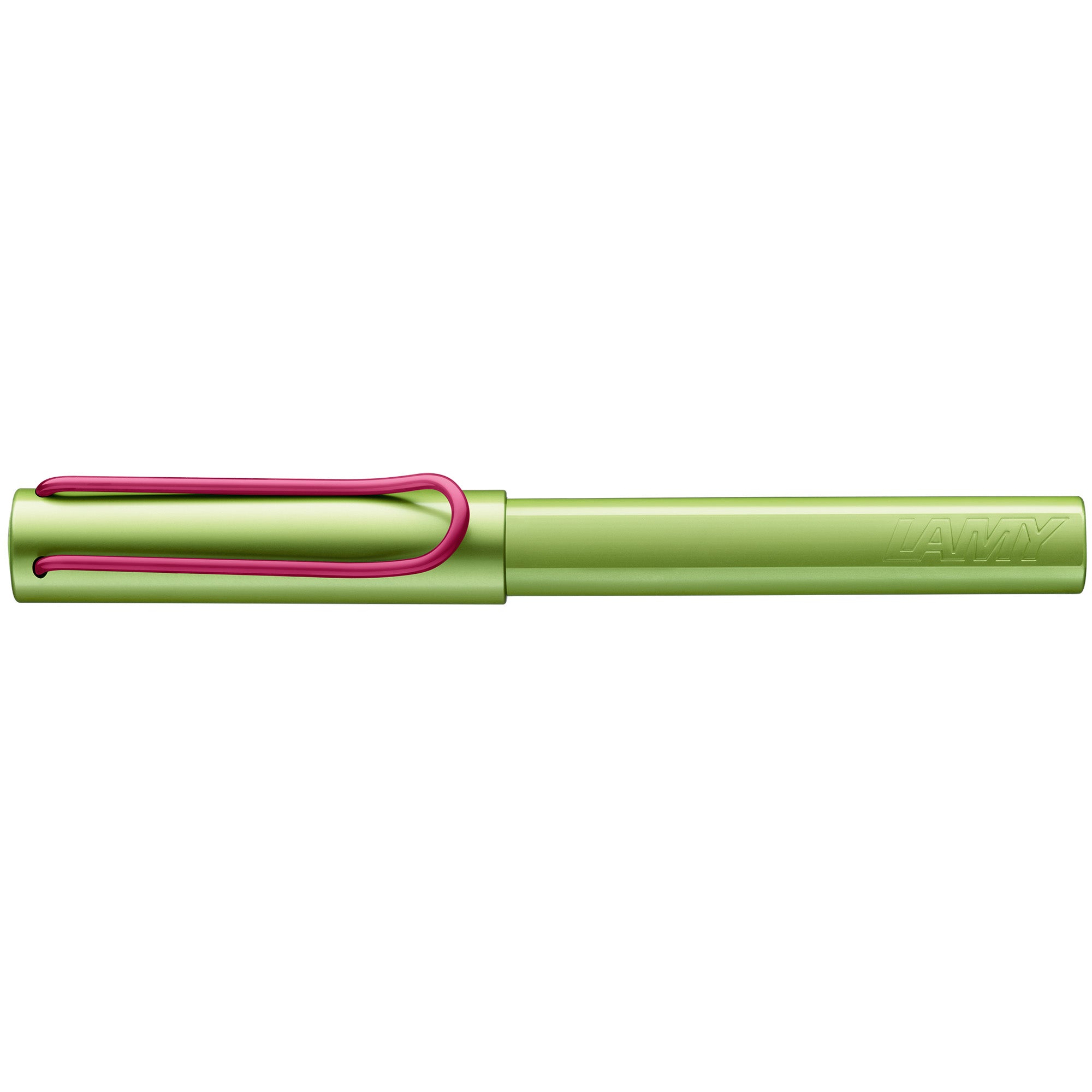 Green and pink pen on a white background