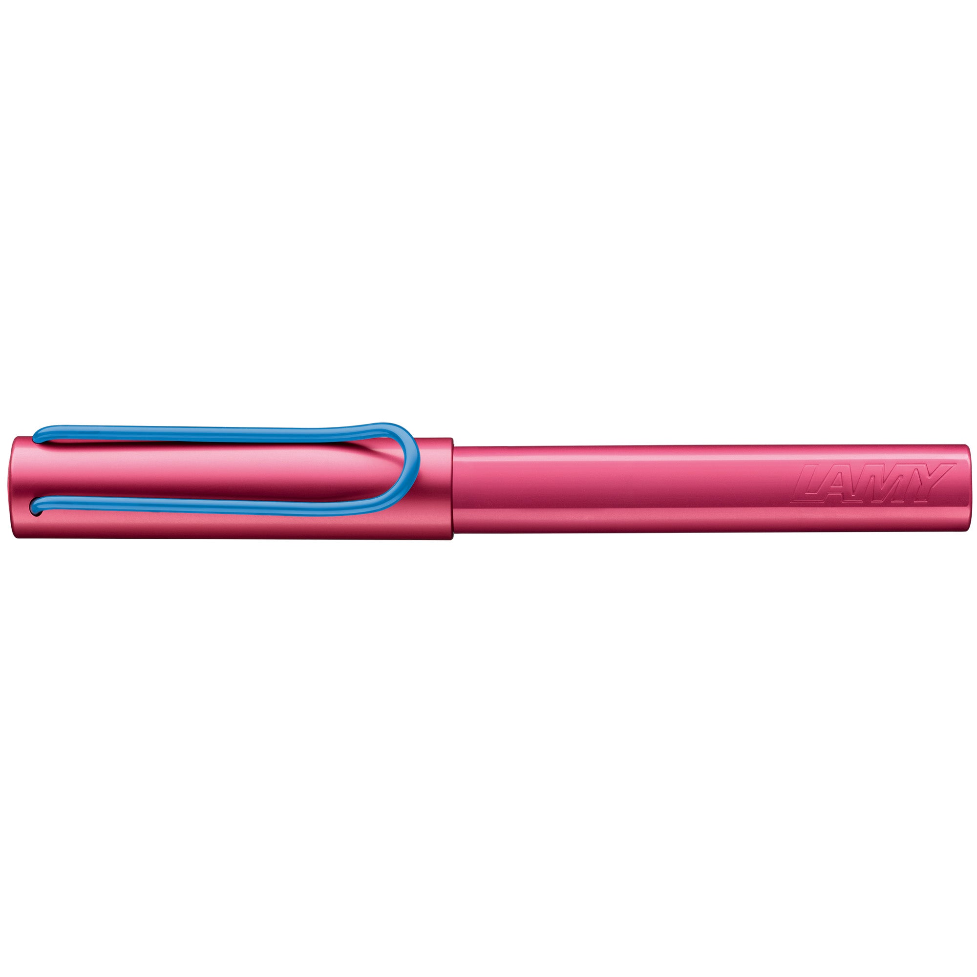 Pink pen with blue clip on a white background
