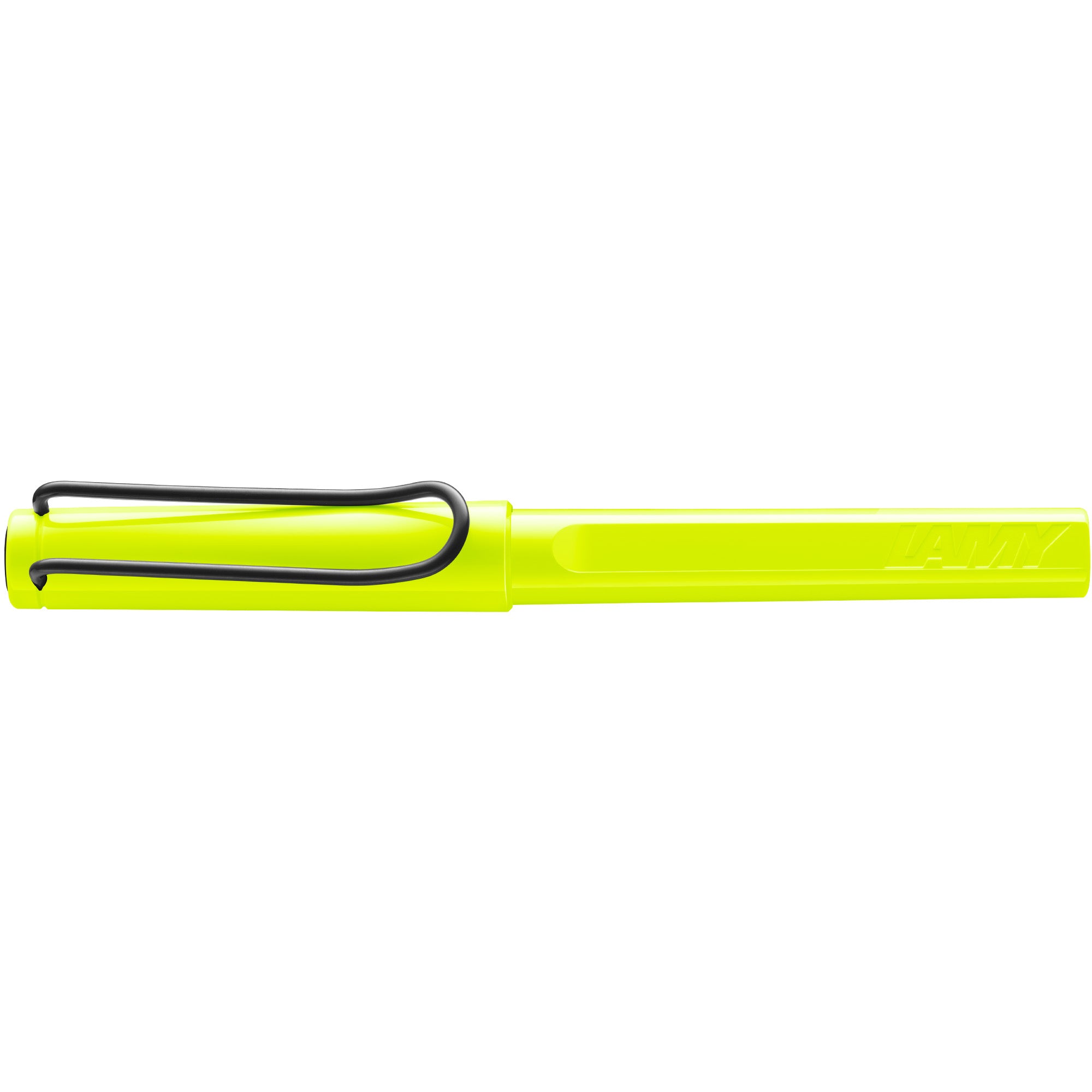 Yellow pen with black clip on a white background