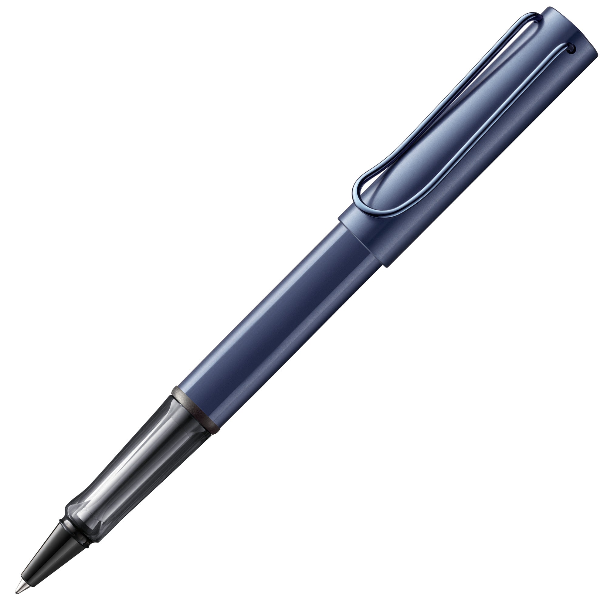 LAMY Lx Blue rollerball pen with a metallic finish on a white background