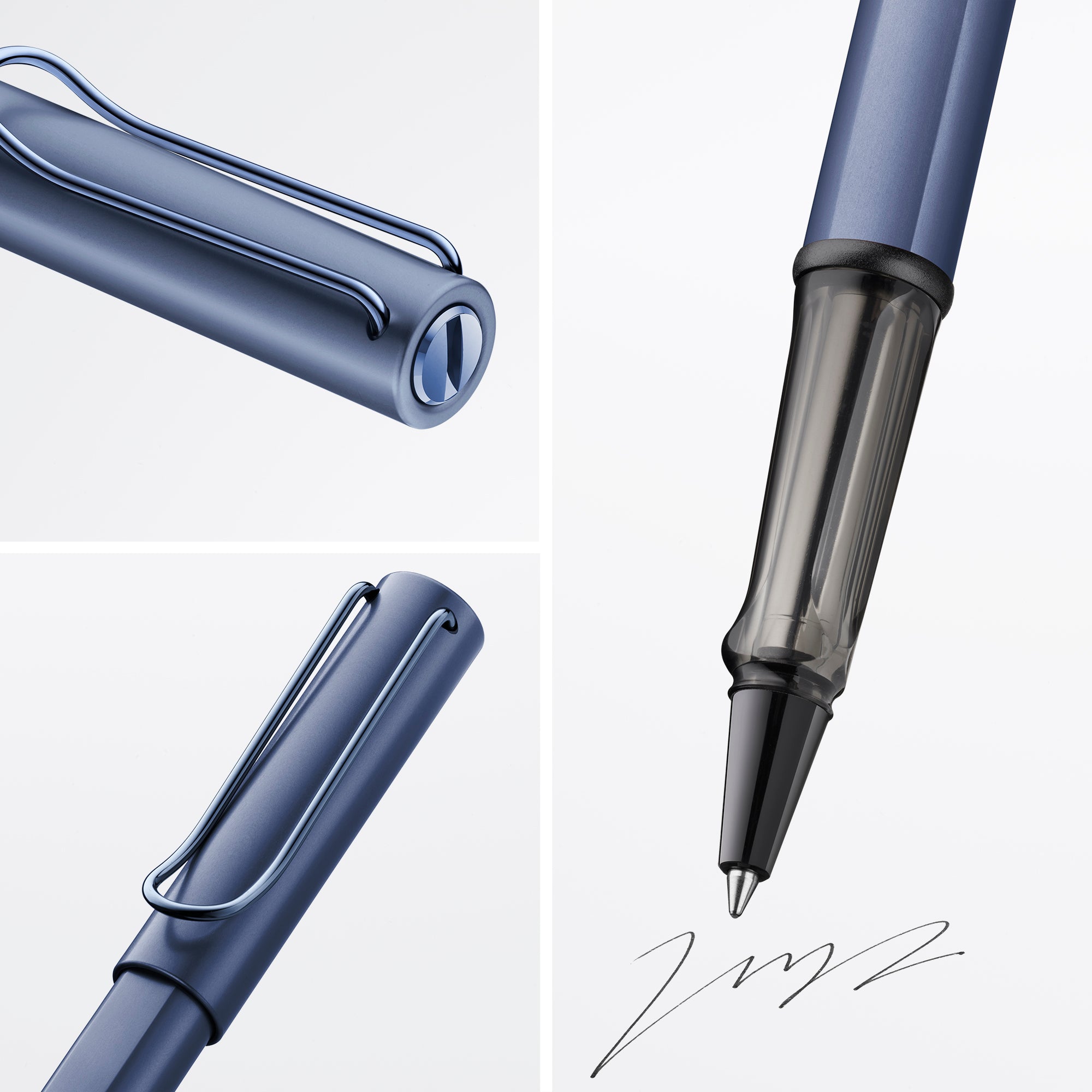 A close-up collage of a metallic blue pen shown from multiple angles, including the cap, barrel, and nib, on a light gray background.