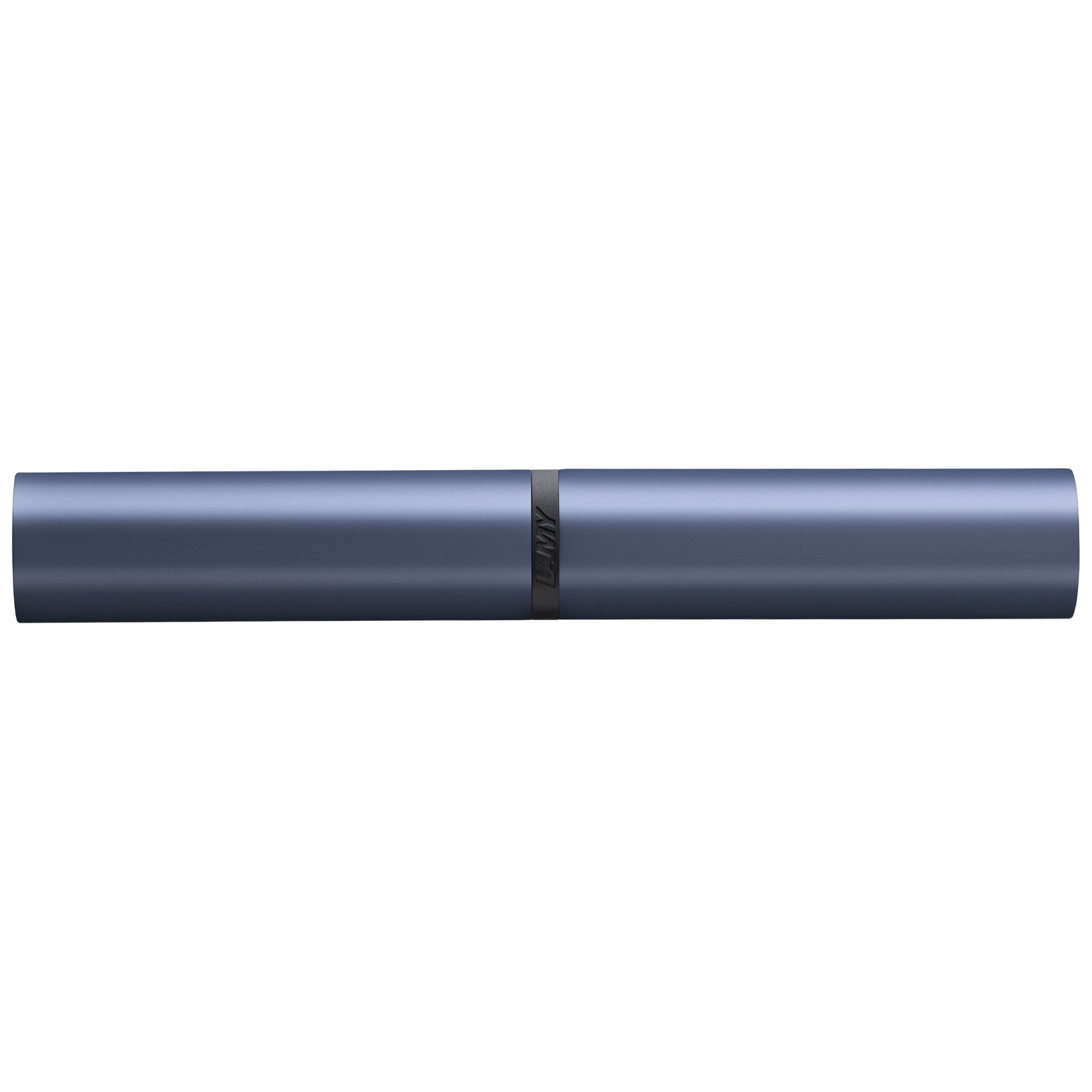 A sleek, horizontal cylindrical electronic device in a dark slate blue-gray color, featuring a thin black band with white text in the center, isolated on a solid white background.