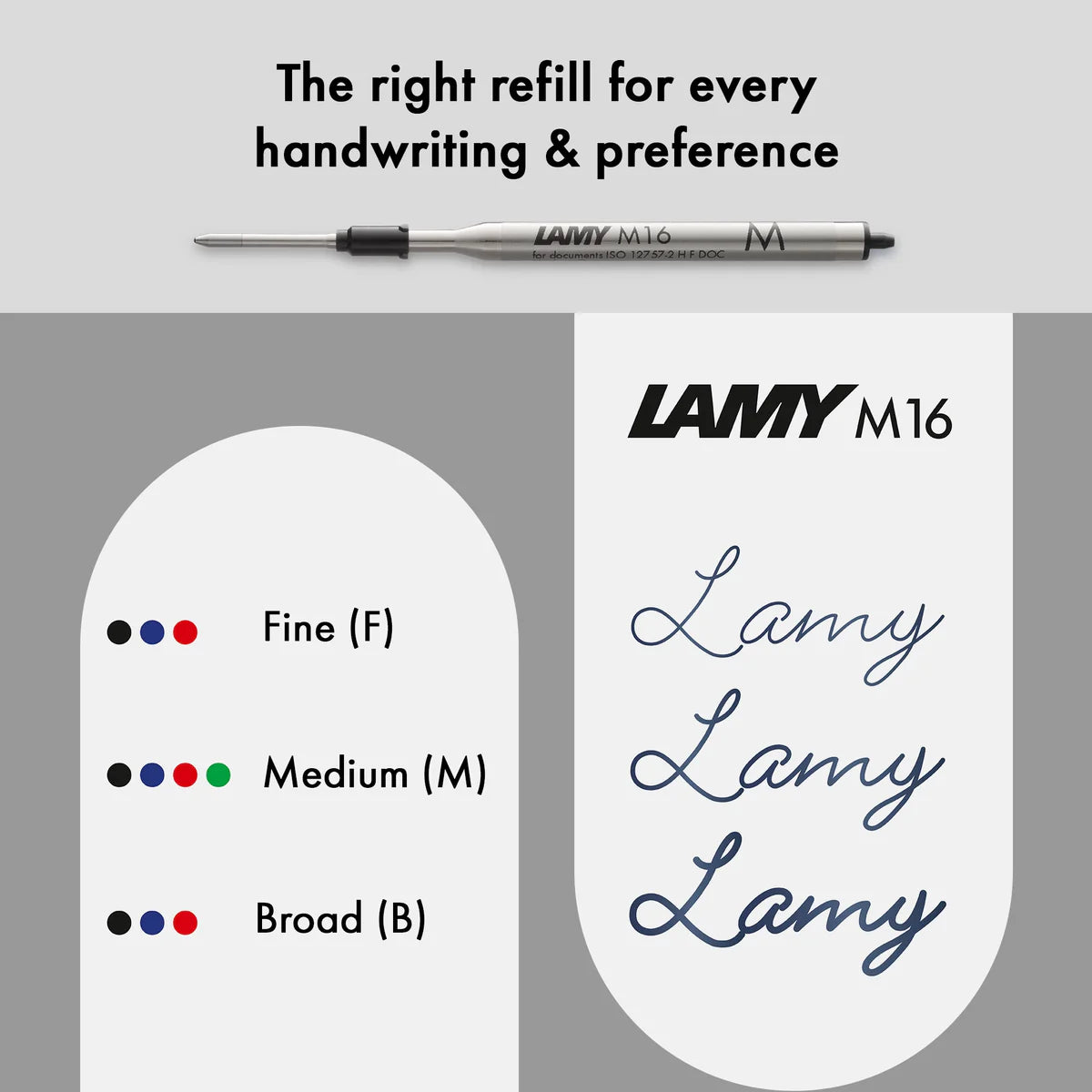 Lamy M16 pen refill with size chart and branding on a gray background