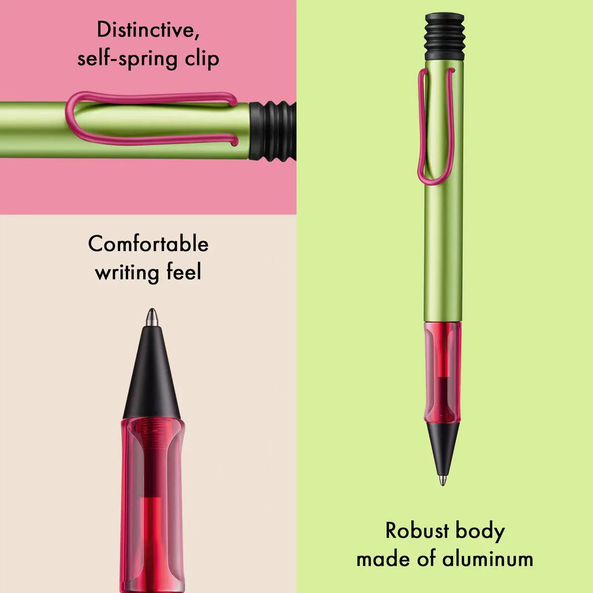 Pen with self-spring clip, comfortable writing feel, and robust body made of aluminum on a pink and green background.
