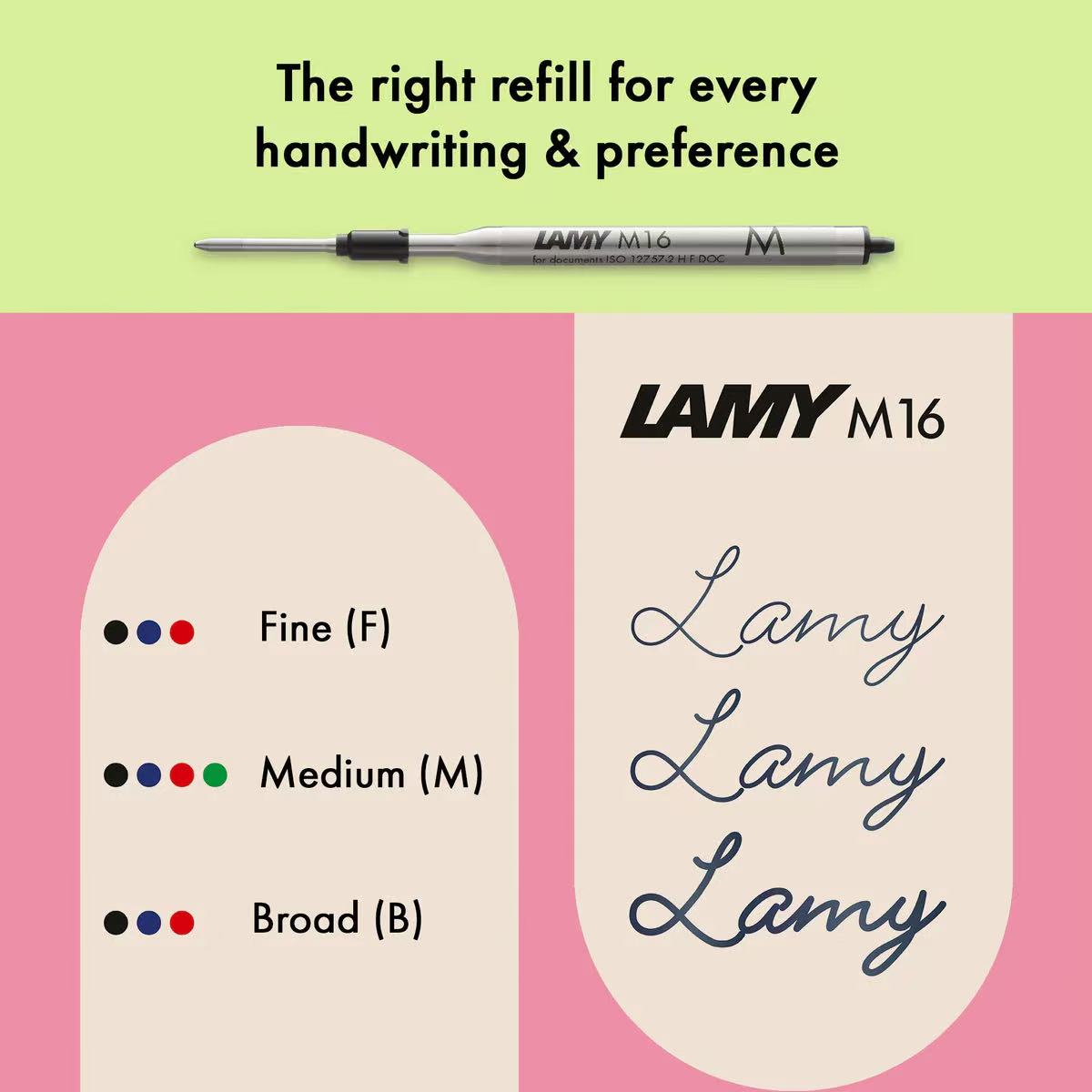 Lamy M16 pen refill with size options on a pink and green background