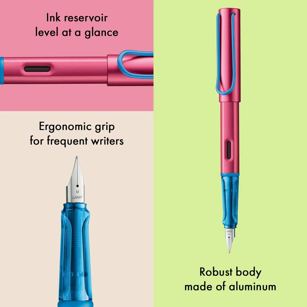 Fountain pen with features highlighted on a colorful background