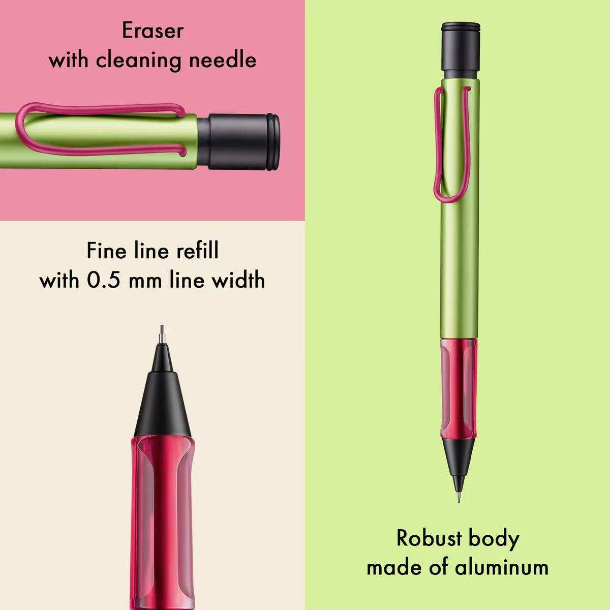 Pen with eraser and cleaning needle on a green and pink background