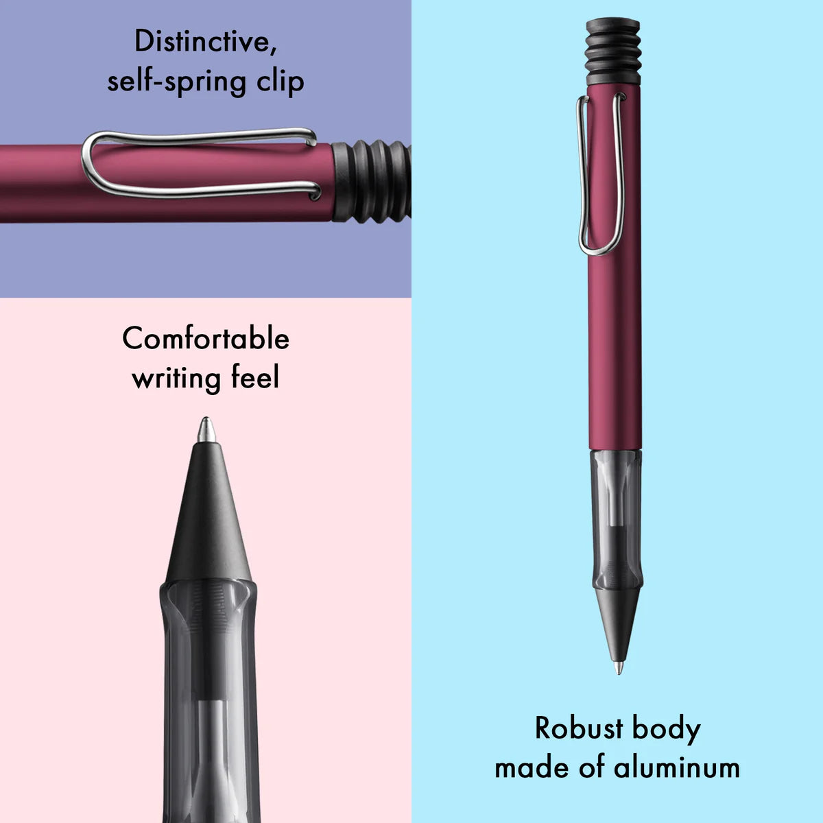 Pen with self-spring clip, comfortable writing feel, and robust body made of aluminum on a pink and blue background.