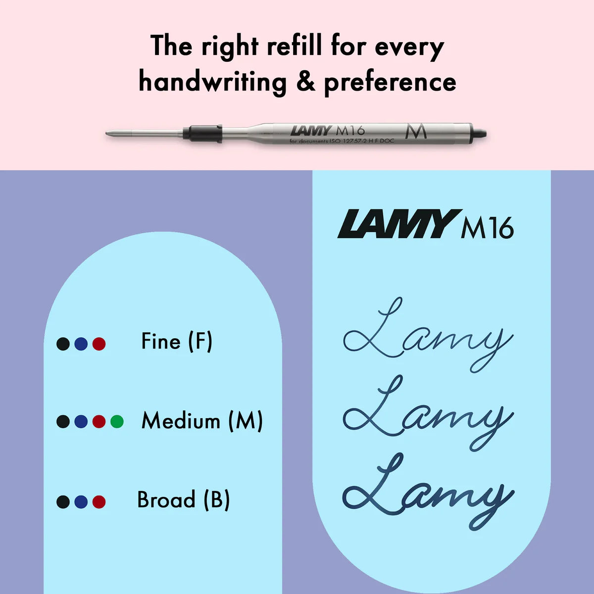 Lamy M16 pen refill with size chart on a pink and purple background