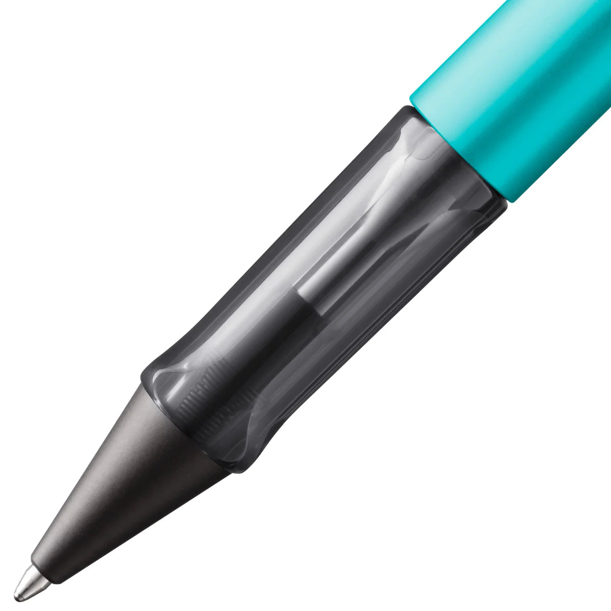 Pen with turquoise cap and black body on a white background